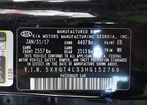 2017 Kia Optima Lx from USA, damaged, VIN 5XXGT4L33HG152769